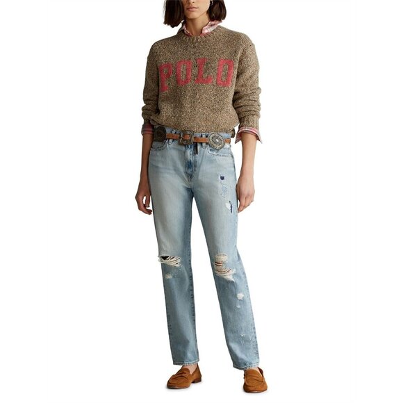 POLO RALPH LAUREN Tan Pink Logo Wool Blend Varsity Crew Neck Sweater, Size S - Picture 3 of 15